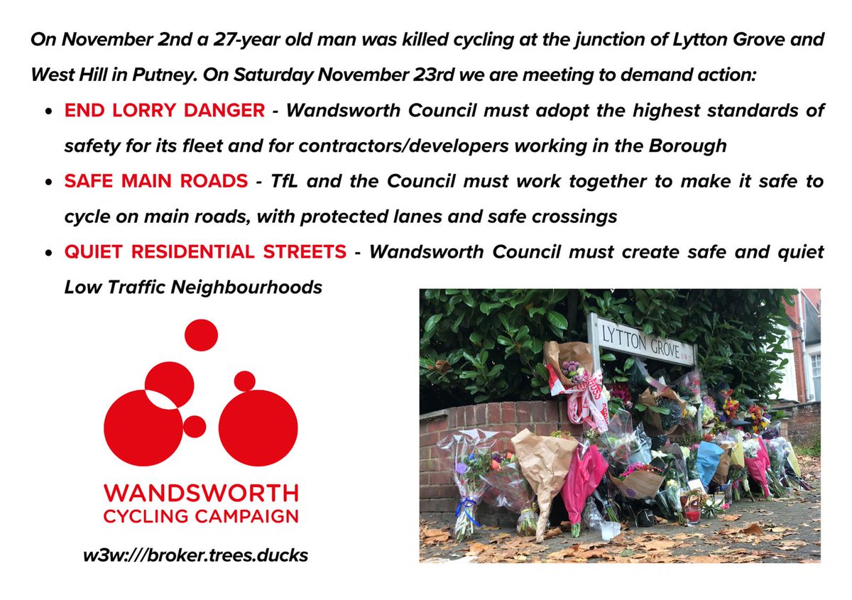 Wandsworth Cycling (@wandscycling) on Twitter photo ๐ข On Saturday 23 November at 1:30 we will lead a brief gathering to remember the young man killed recently while cycling in Putney, and to call for action to ensure such tragedies stop ๐ดโโ๏ธ๐
Everyone is invited to join us here โก๏ธ
google.com/maps/place/Wesโฆ
See here for more โคต๏ธ ๐ข On Saturday 23 November at 1:30 we will lead a brief gathering to remember the young man killed recently while cycling in Putney, and to call for action to ensure such tragedies stop ๐ดโโ๏ธ๐
Everyone is invited to join us here โก๏ธ
google.com/maps/place/Wesโฆ
See here for more โคต๏ธ