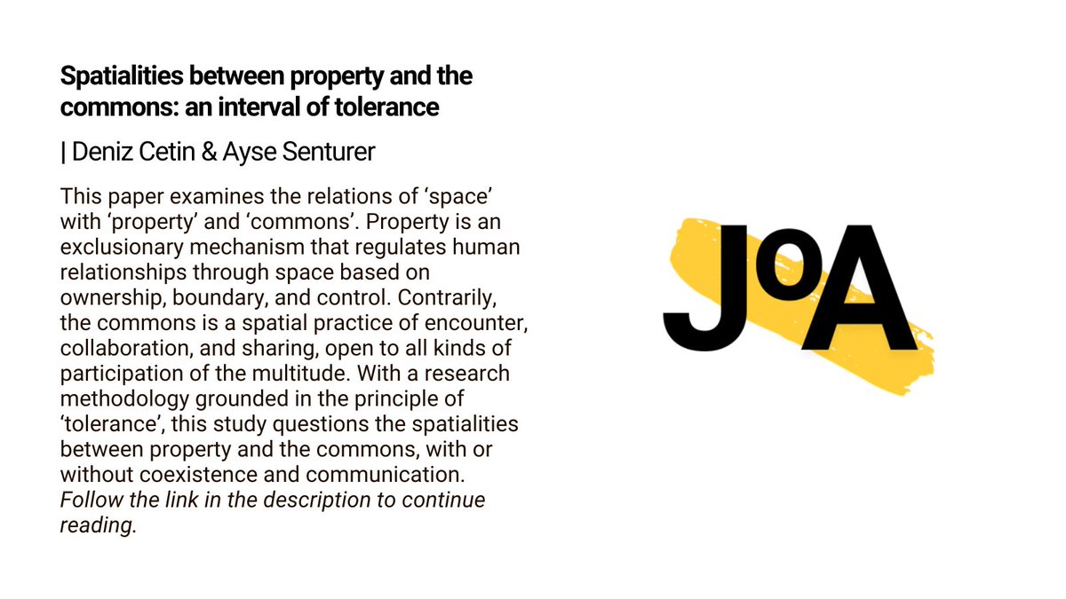📢 Now online: Spatialities between property and the commons: an interval of tolerance – By Deniz Cetin <a href="/AltinbasUniv/">Altınbaş Üniversitesi</a> &amp; Ayse Senturer <a href="/itu1773/">İTÜ - İstanbul Teknik Üniversitesi</a>
tandfonline.com/doi/full/10.10…