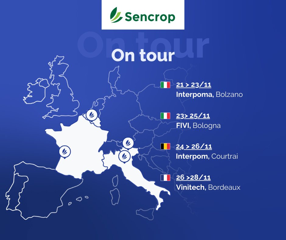 Sencrop on tour !

Come find us :

Nov 21-23 at Interpoma on Farmable’s stand in Bolzano, Italy 🍏
Nov 23-25 at FIVI as an event partner in Bologna, Italy 🍇
Nov 24-26 at Interpom on the Sillon Belge stand in Kortrijk, Belgium 🥔
Nov 26-28 at Vinitech in Bordeaux, France 🍷