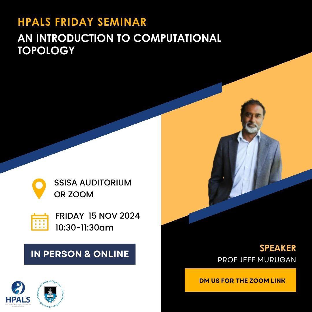 HPALS (@hpals_) on Twitter photo Join us for our HPALS seminar 🎉
Prof Jeff Murugan will present on "An introduction to computational topology"
📆 Fri 15 Nov 2024
⏰10H45
📍 In Person (SSISA) & Online (Zoom)
Email ERSNAT001@myuct.ac.za for address or zoom link Join us for our HPALS seminar 🎉
Prof Jeff Murugan will present on "An introduction to computational topology"
📆 Fri 15 Nov 2024
⏰10H45
📍 In Person (SSISA) & Online (Zoom)
Email ERSNAT001@myuct.ac.za for address or zoom link