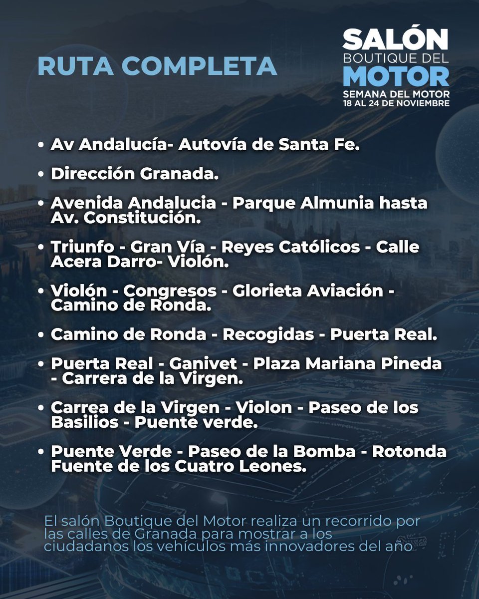 𝗥𝘂𝘁𝗮 𝗱𝗲 𝘃𝗲𝗵𝗶́𝗰𝘂𝗹𝗼𝘀 𝗽𝗼𝗿 𝗲𝗹 𝗰𝗲𝗻𝘁𝗿𝗼 𝗱𝗲 𝗚𝗿𝗮𝗻𝗮𝗱𝗮 ¡No te la pierdas!🚗🚙🏁

El Salón Boutique del Motor realiza un recorrido por las calles de Granada para mostrar a los ciudadanos los vehículos más innovadores del año.

#FeriadelMotor #Granada