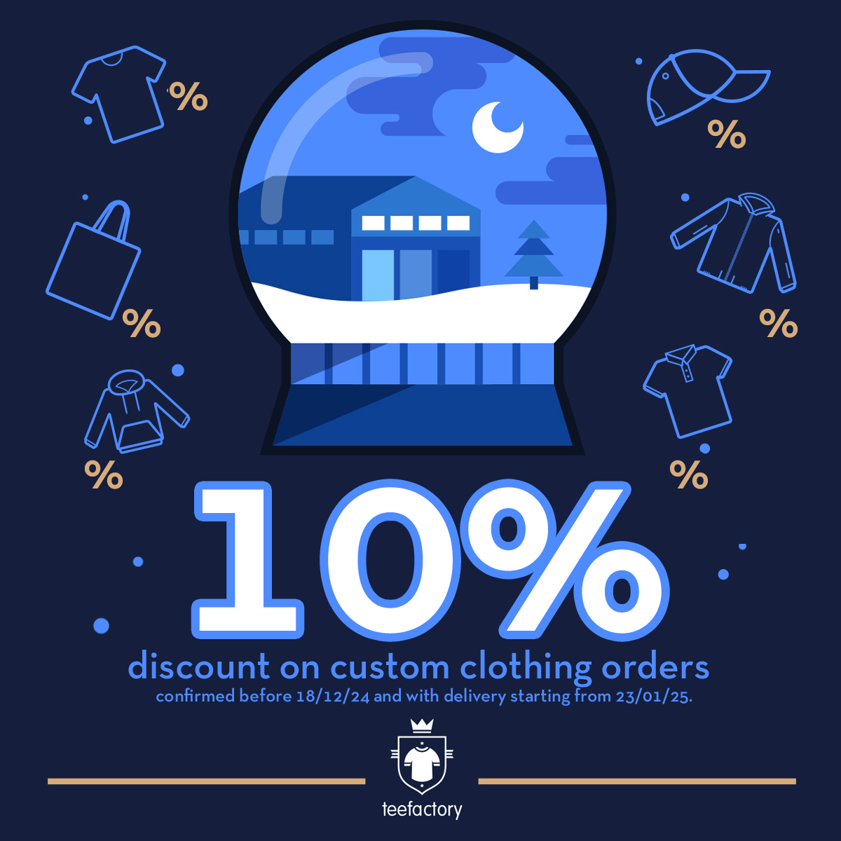 teefactorycom's tweet image. 🆒 10% DISCOUNT ON CUSTOM CLOTHING ORDERS 🆒

10% discount on personalised clothing orders confirmed before 18/12 and with delivery from 23/01.

ES&amp;gt; teefactory.es
PT&amp;gt; teefactory.pt
FR&amp;gt; teefactory.fr
IT &amp;gt; teefactory.it