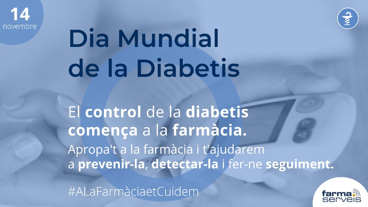 ❗️Avui és el #DiaMundialdelaDiabetis. 

💡A la farmàcia t'ajudarem:
➡️Prevenint-la
➡️Detectant-la
➡️Fent-ne seguiment i registrant les dades de glicèmia i HbA1c amb la plataforma #Farmaserveis.

#AlaFarmàciaetCuidem
#DMD2024