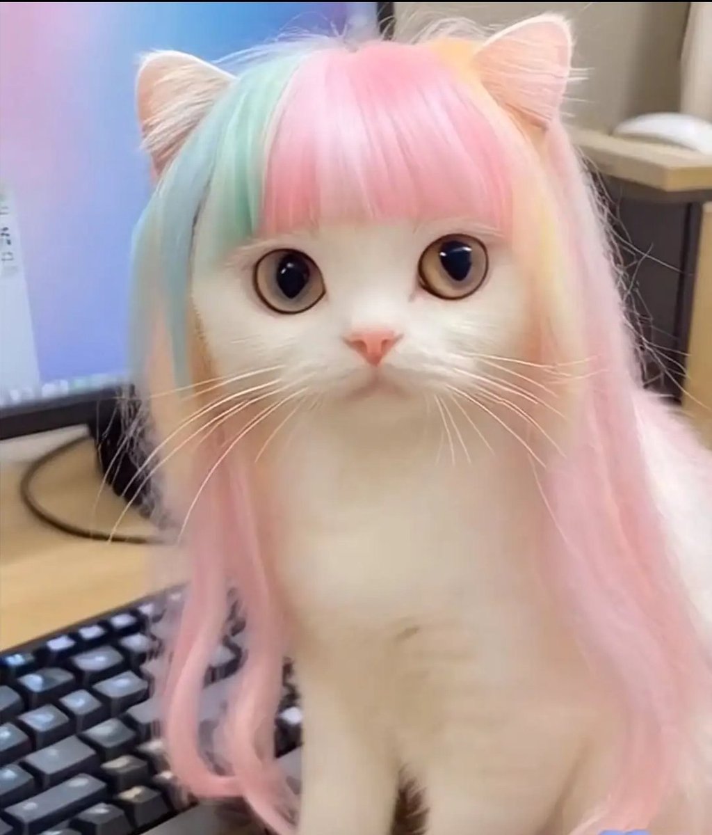 WaHowl's tweet photo. キャットにパステルのかつら！？😹 #猫ウィッグ #キュートすぎ #オフィスキャット https://t.co/Mnf7XjLeeM