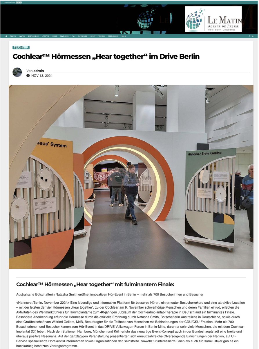 Schaarschmidts's tweet image. Cochlear Hörmessen „Hear together“ mit fulminantem Finale – auch das Nachrichtenportal Le Matin berichtet von der Hörmesse in Berlin. – Vielen Dank für den Besuch an Redakteur Amin Jmyi.

lematin.de/cochlear-hoerm…

@CochlearDe #cochleaimplantat