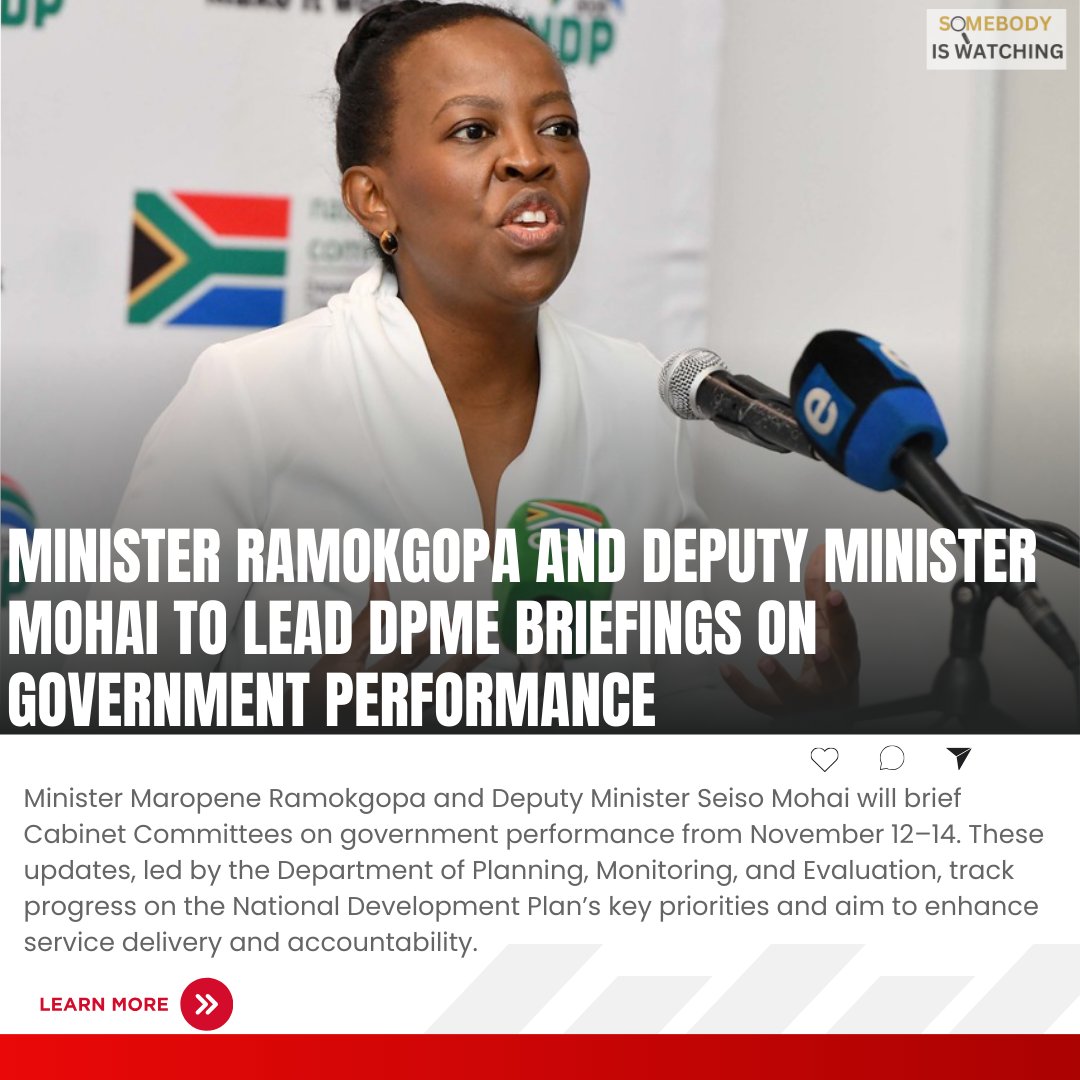 siwnews's tweet photo. [READ] Minister @VuyiswaRamokgop and Deputy Minister @SeisoMohai to lead DPME briefings on government performance, focusing on accountability and progress toward NDP goals @GautengProvince. #SouthAfrica #DPME #siwnews
Full Article: https://t.co/TyU1FKarD8 https://t.co/LUdnKklPrL