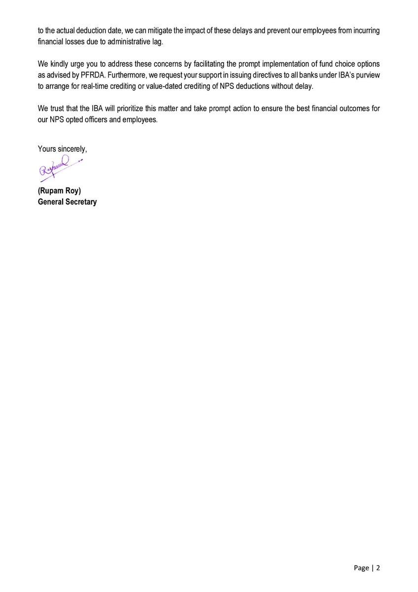 AIBOC WRITES TO IBA FOR IMPLEMENTATION OF CHOICE OF FUND OPTION FOR DEFINED CONTRIBUTORY NATIONAL PENSION SYSTEM (NPS) FOR BANK EMPLOYEES AND OFFICERS