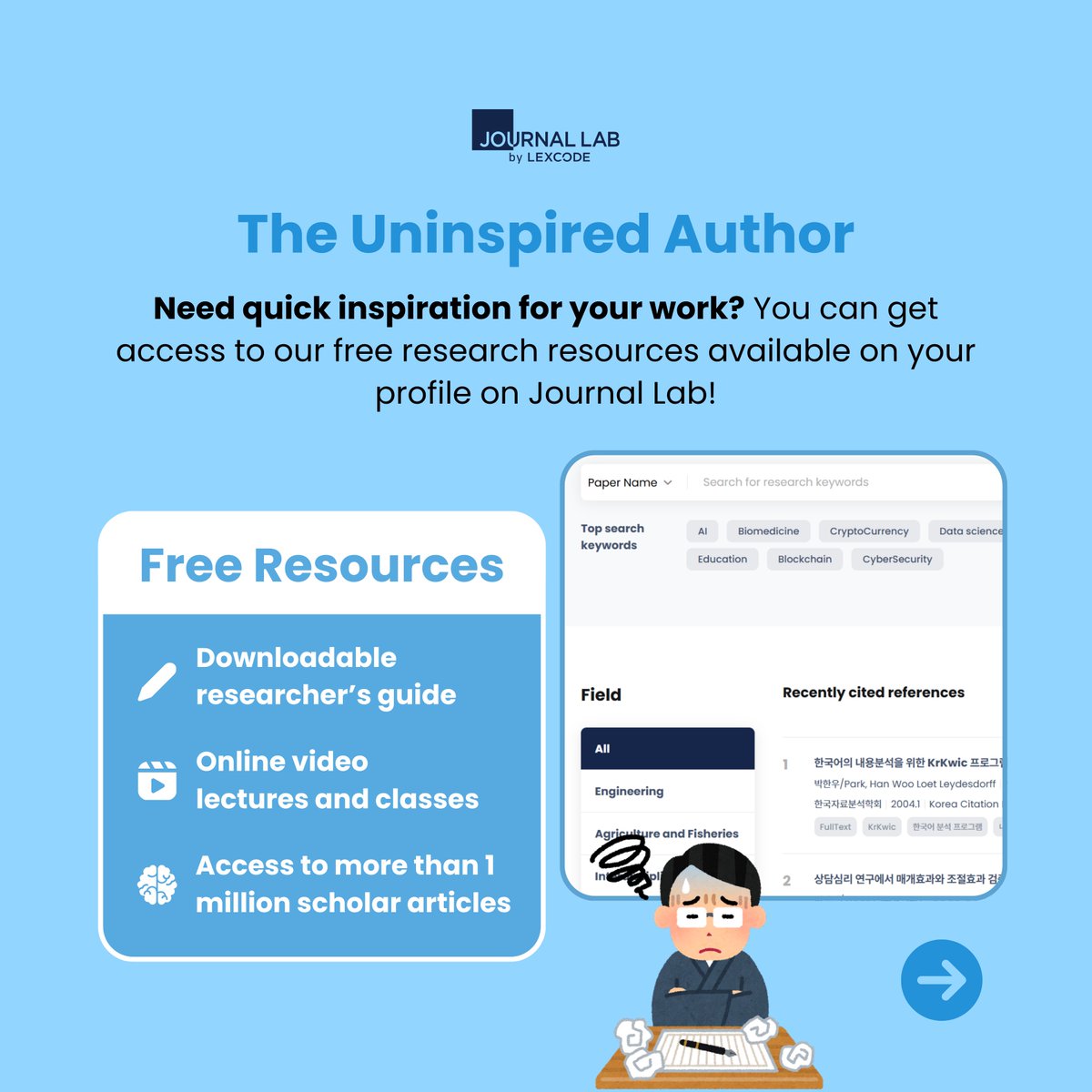 JournalLabHQ's tweet photo. What type of researcher are you? 🤔

Whether you’re a struggling student, an uninspired author, a graduate trailblazer, or an international researcher, Journal Lab has the right solution for you! 🔍 https://t.co/5G6t13ucar