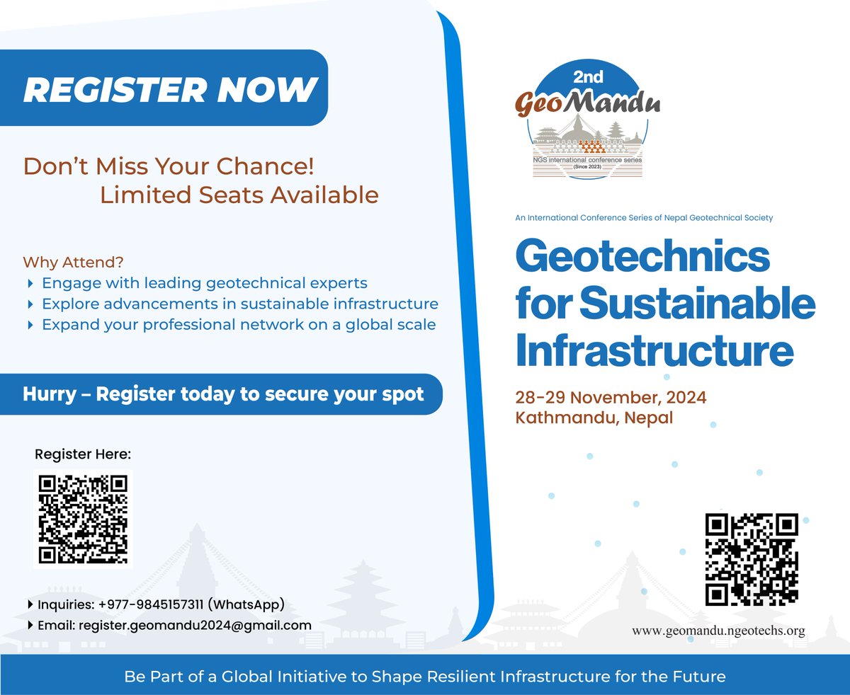 !!! REGISTER NOW !!!
Hurry Up to Join us at GeoMandu 2024!

Limited Availability – Reserve Your Spot Today!

🔗 Register Here: geomandu.ngeotechs.org/registration-f…
📞 Inquiries: +977-9845157311 (WhatsApp)
✉️ Email: register.geomandu2024@gmail.com