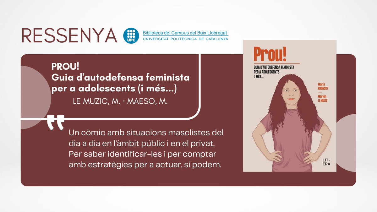📚 Biblioteca BCBL (@bibliotecacbl) on Twitter photo 💜♀️ Estem escalfant motors per al #25N , Dia Internacional per a l'erradicació de la violència contra les dones. La ressenya del mes de la <a href="/BibliotecaCBL/">📚 Biblioteca BCBL</a> és el còmic Prou! autora: #marionlemuzic il.lustradora: <a href="/MariaKronsky/">MariaKronsky</a> traductora: <a href="/BelOlid/">Bel Olid</a> #25N2024
👉discovery.upc.edu/permalink/34CS… 💜♀️ Estem escalfant motors per al #25N , Dia Internacional per a l'erradicació de la violència contra les dones. La ressenya del mes de la <a href="/BibliotecaCBL/">📚 Biblioteca BCBL</a> és el còmic Prou! autora: #marionlemuzic il.lustradora: <a href="/MariaKronsky/">MariaKronsky</a> traductora: <a href="/BelOlid/">Bel Olid</a> #25N2024
👉discovery.upc.edu/permalink/34CS…