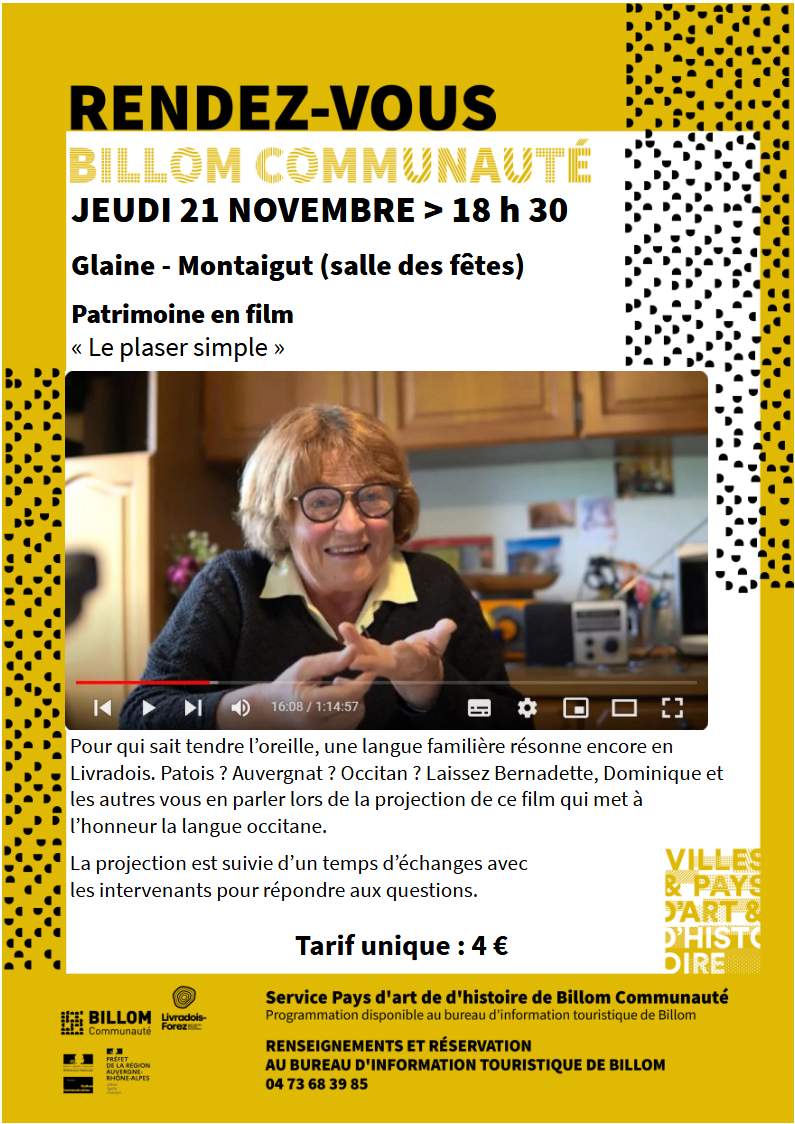 BillomCo's tweet photo. [Patrimoine en film] Amateurs de cinéma ou de la langue occitane, rejoignez-nous le jeudi 21 novembre à 18 h 30 à Glaine-Montaigut pour une séance de « patrimoine en film » autour de la langue occitane. https://t.co/amksm5JAoB