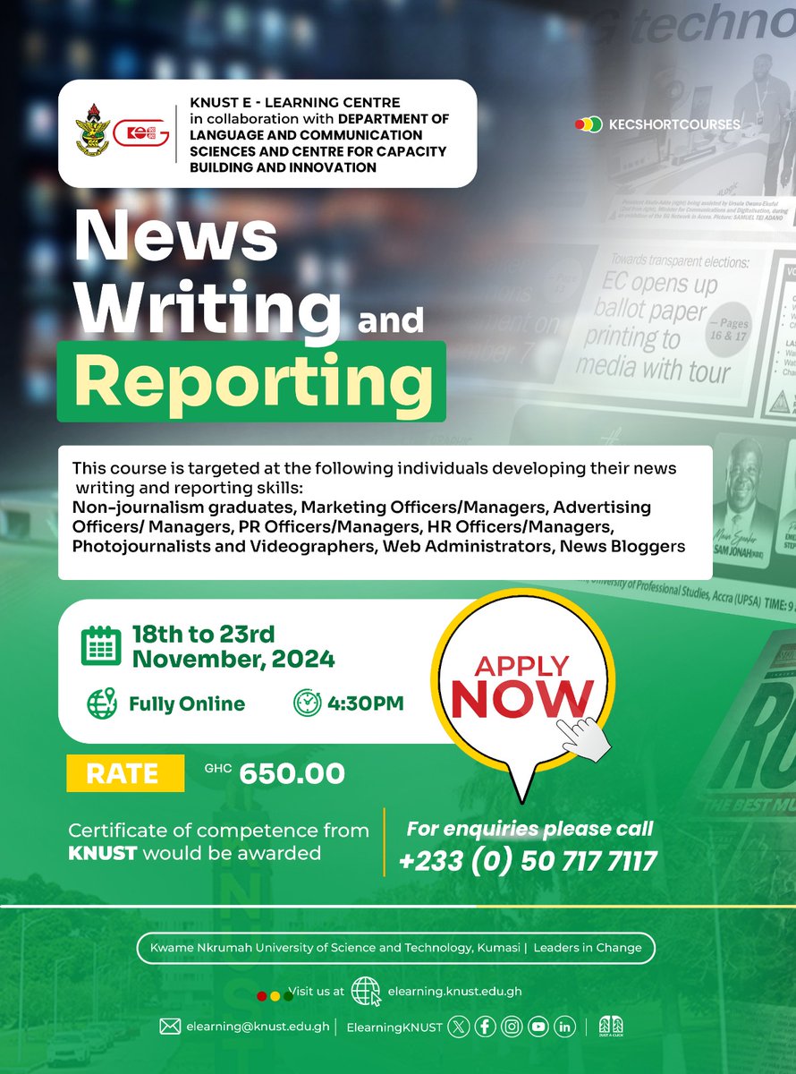 KNUSTGH's tweet photo. KNUST E-Learning Centre is offering two fully online short courses this November! 
Sign up now for the short courses in Basic Spanish Proficiency (Cohort 2) and News Writing and Reporting.
Via:  https://t.co/ojsdfcdocp
https://t.co/GwoyYQTXyR https://t.co/UYwwKRDtSg
