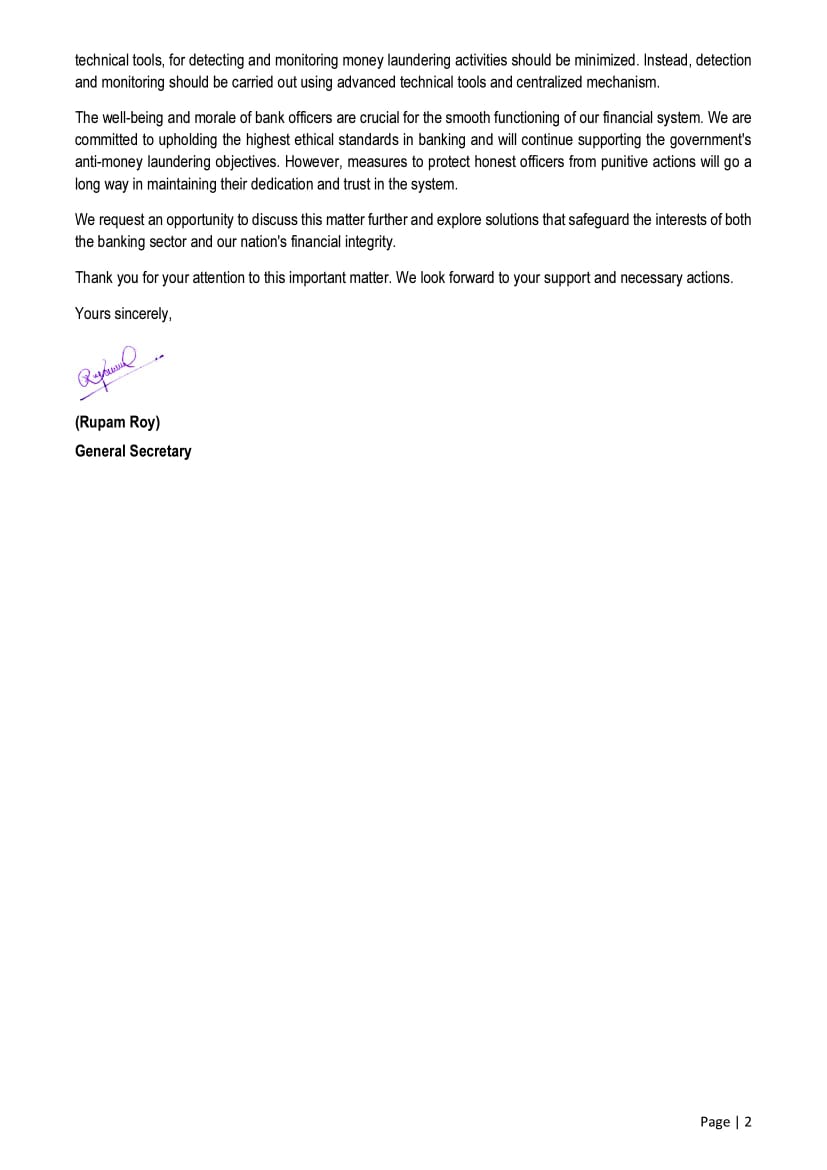 AIBOC WRITES TO DFS REGARDING THE ARREST OF BANK OFFICERS UNDER THE PMLA ACT FOR ACCOUNTS USED IN MONEY LAUNDERING ACTIVITIES