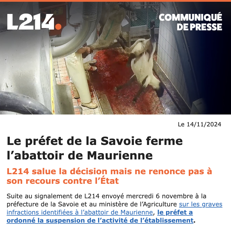 L214's tweet photo. 🔴 [CP] @Prefet73 ferme l’abattoir de Maurienne!

Nous saluons la réactivité des autorités, et la décision prise par les services de l’État.

Mais comment cet abattoir a-t-il pu fonctionner autant d’années dans des conditions catastrophiques pour les animaux, et ce malgré la présence permanente des services vétérinaires de l’État en abattoir?!

➡️ https://t.co/vwKofbOQxe