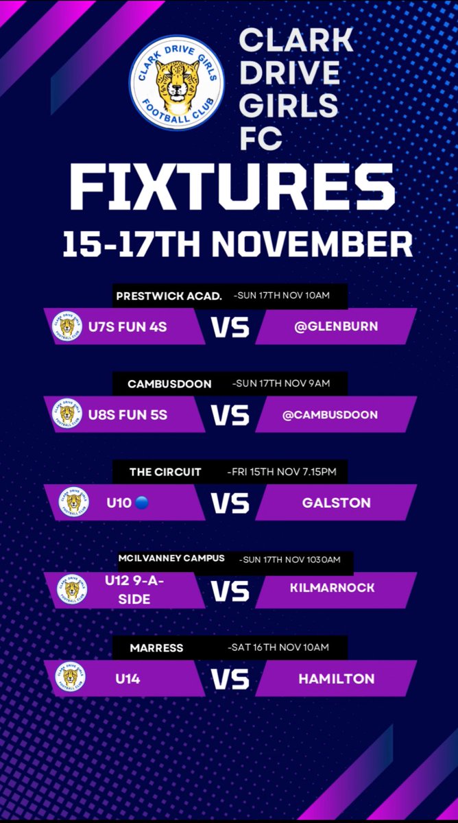 ⚽️ Clark Drive Girls FC

▶️ Fixtures 15th-17th November

#NoClarkDriveNoParty