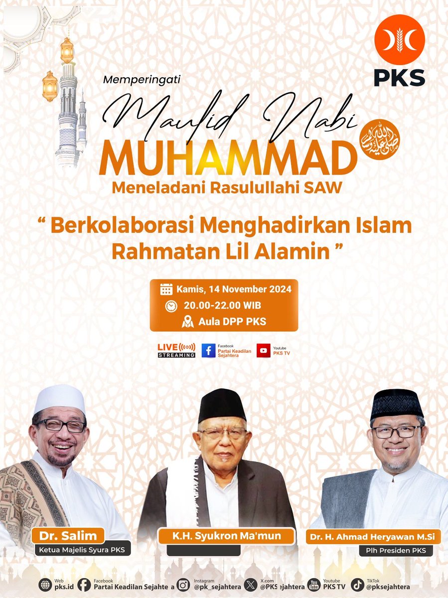 PKSejahtera's tweet image. Nanti malam banget &quot;Maulid Nabi Muhammad SAW&quot;😮

Saksikan Bersama melalui Channel YouTube PKSTV 🚀

buff.ly/4i1JQCH

#MaulidNabiMuhammadSAW #PKSpembelaRakyat #PKS