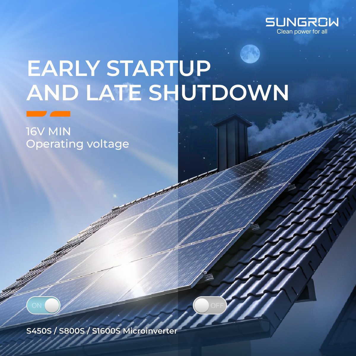 Sungrow_Power's tweet photo. Maximize Your Solar Yield with Our #Microinverters!
🚀Our microinverters start up early at 16V min operating voltage and shut down late to capture every last bit of sunlight. They can also operate at a scorching 60°C without any power loss. https://t.co/OsEfONH3CZ