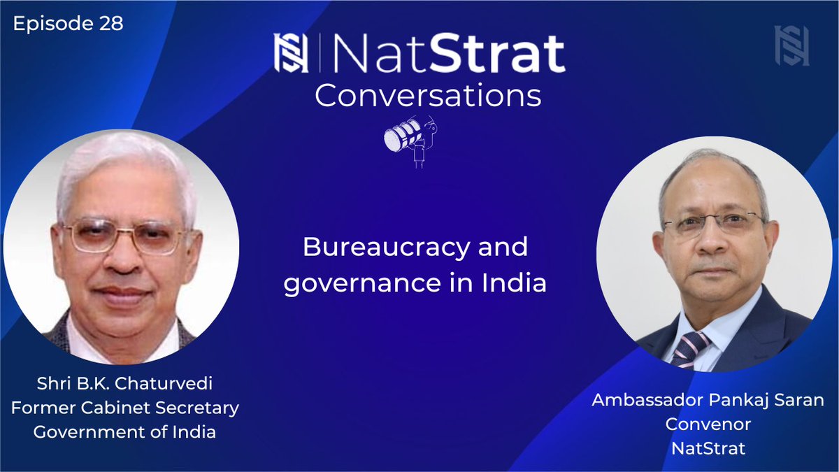 natstrat_org's tweet photo. Coming up at 1700hrs IST on Friday  November 15 #NatstratConversations with former #CabinetSecretary and veteran civil servant B.K Chaturvedi @PankajSaran11 @LBSNAA_Official @NCGG_GoI #viksitbharat #IAS https://t.co/XerhLwYEST