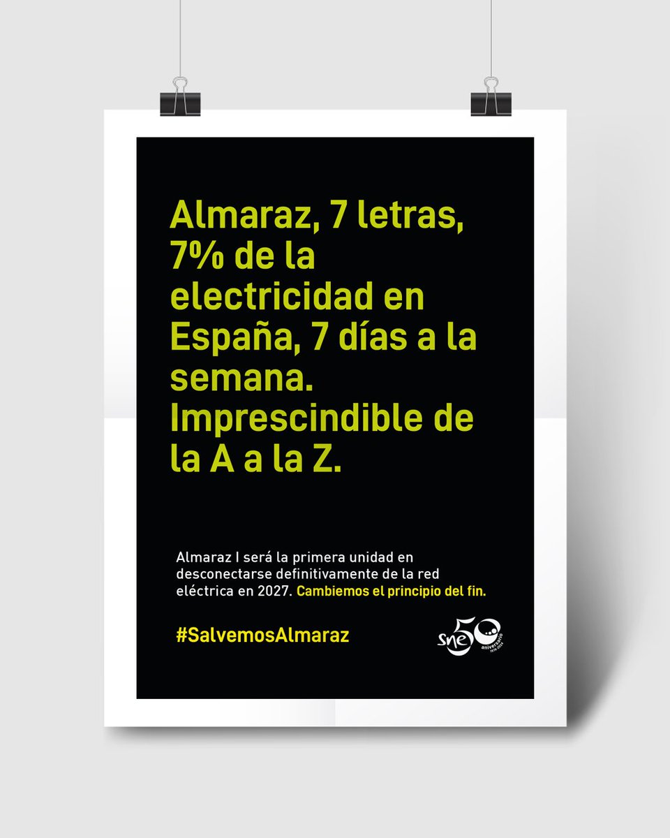 SNEu235's tweet photo. «Almaraz, 7 letras, 7% de la electricidad en España, 7 días a la semana. Imprescindible de la A a la Z».

Almaraz I será la primera unidad en desconectarse definitivamente de la red eléctrica en 2027. Cambiemos el principio del fin. #SalvemosAlmaraz

#SomosNucleares #NuclearSí. https://t.co/MpMRvZGudC