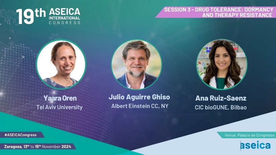 ASEICA (@aseicanews) on Twitter photo We have reached day 2️⃣!
➡️ Session 3⃣ 'Drug tolerance: dormancy and therapy resistance'
🔬With the researchers <a href="/YOrenLab/">Yaara Oren</a> @JAguirreGhiso and <a href="/AnaRuizSaenz/">Ana Ruiz-Saenz PhD</a>
📍Chairs <a href="/MarionaGraupera/">GrauperaLab</a> and <a href="/eli_mereu/">Elisabetta Mereu 🇺🇦</a>
✅ Short talks from abstracts: Andrea Moreno and Unai Heras
#ASEICACongress We have reached day 2️⃣!
➡️ Session 3⃣ 'Drug tolerance: dormancy and therapy resistance'
🔬With the researchers <a href="/YOrenLab/">Yaara Oren</a> @JAguirreGhiso and <a href="/AnaRuizSaenz/">Ana Ruiz-Saenz PhD</a>
📍Chairs <a href="/MarionaGraupera/">GrauperaLab</a> and <a href="/eli_mereu/">Elisabetta Mereu 🇺🇦</a>
✅ Short talks from abstracts: Andrea Moreno and Unai Heras
#ASEICACongress