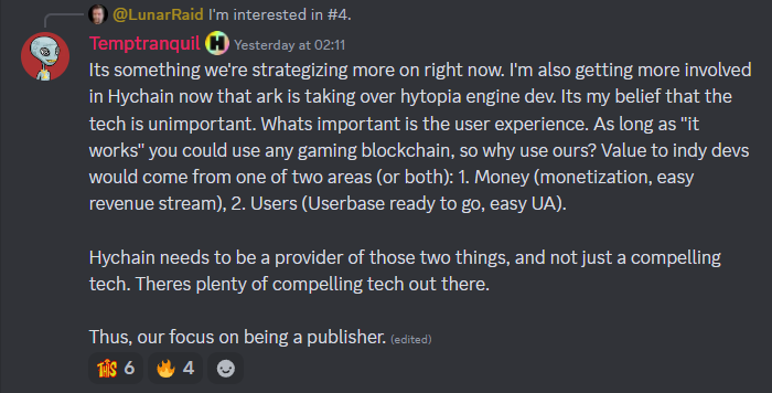 dan_spitzwieser's tweet photo. Massive HYCHAIN update by Co-Founder Temptranquil:

On their flagship game HYTOPIA, the team is now focusing on the Minecraft-independent version.

The team will hand out access to their Software Development Kit (SDK) in the coming weeks so that developers can start building fun games on the new voxel platform, which will be very intriguing to Minecraft creators and players.

Getting the $TOPIA marketplace for HYTOPIA ready is also a top priority for the team. We will be able to trade Avatars and cosmetic items as NFTs there.

Temptranquil also discussed how to attract more game developers to the Hychain ecosystem.

He thinks Hychain will succeed not because they have the best technology, but because they give developers what they want: money and players.

Hychain is working hard behind the scenes. I'm confident they can become one of the biggest gaming publishers. What do you think?