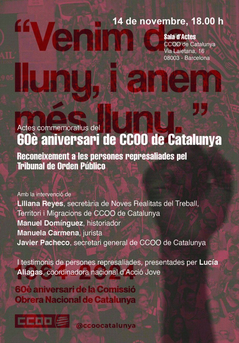 Avui <a href="/ccoocatalunya/">CCOO de Catalunya</a>, en el marc dels actes del 60 aniversari del sindicat, ret homenatge als i les militants de Barcelona i l’Hospitalet que van lluitar pels drets de la classe obrera, les llibertats i la democràcia i van patir represàlia del franquisme al TOP. <a href="/FundCipriGarcia/">Fund.Cipriano García</a>