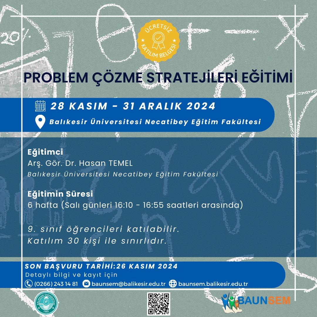 BAUNSEM's tweet photo. 📌ÜCRETSİZ olarak düzenlenecek olan Problem Çözme Stratejileri Eğitimi için başvuru yapabilirsiniz.
Detaylı bilgi ve kayıt için
👉https://t.co/TydReBrF7c ziyaret edebilir,
👉https://t.co/HhwMUhkshO linkinden başvuru yapabilirsiniz.
@balikesiruni https://t.co/eIfgc5BgaU