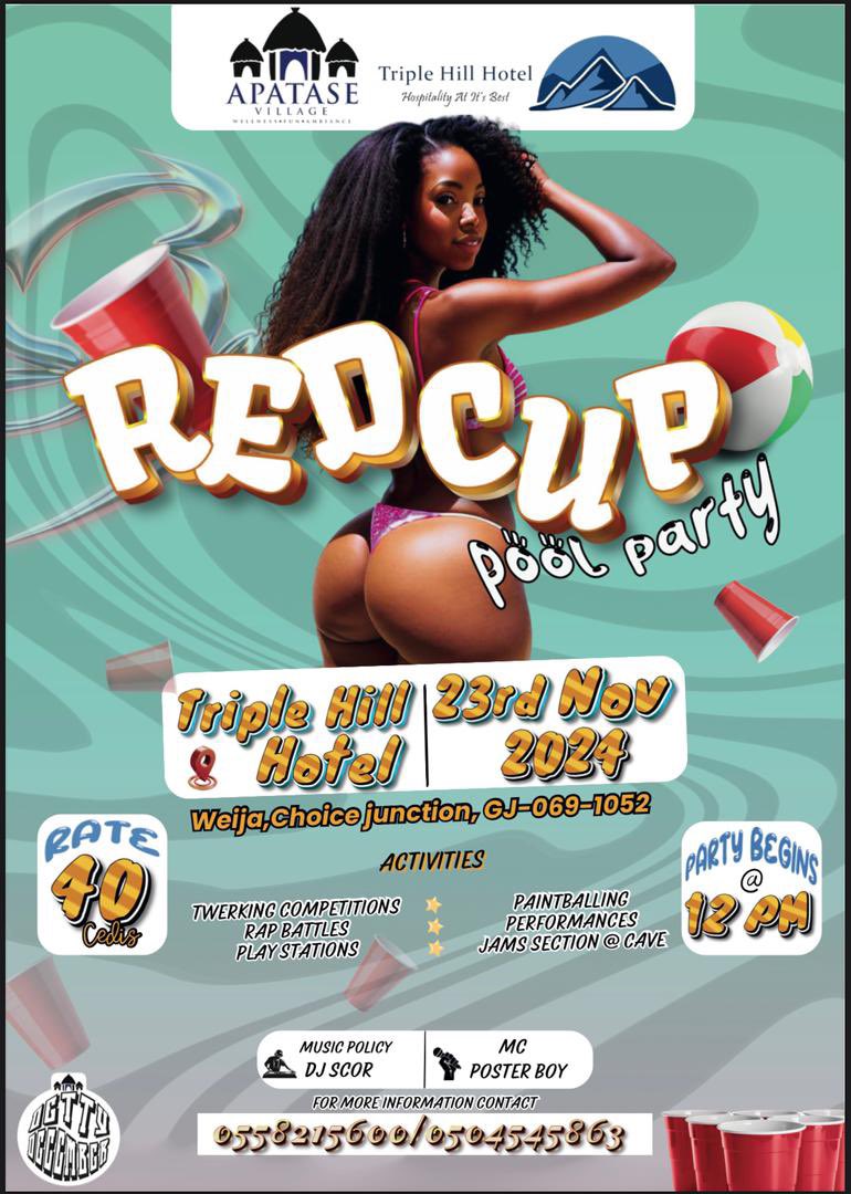 triplehillhotel's tweet photo. *RED CUP POOL PARTY*
*TICKET PRICE*
GHC 40
*GET READY FOR A SPLASHING GOOD TIME!*
CONTACT US ON 0558215600/0504545863
#RedCupPoolParty
#SHSPoolParty
#PoolPartyVibes
#SummerVibes
#GhanaPoolParty https://t.co/90mthy9HoR