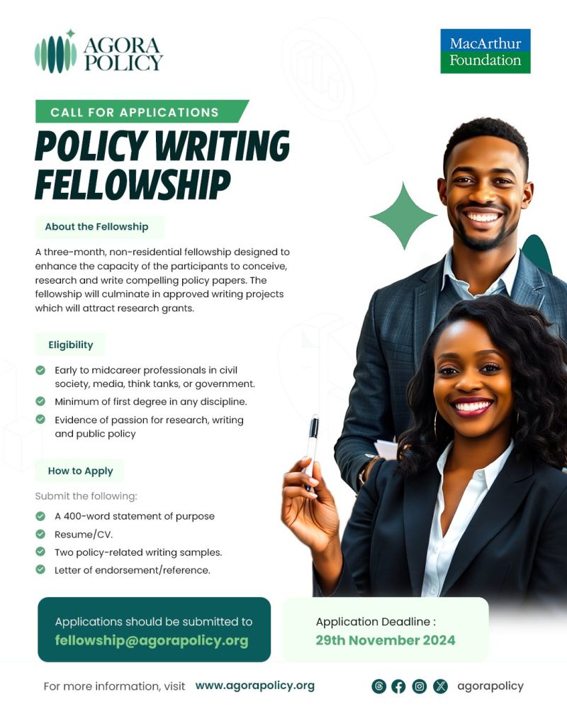 🚀 Nigerian Policy Pros! Apply for the Agora Policy Writing Fellowship. Enhance your skills, get mentorship, and make an impact in public policy. 📝

🔗 Apply Now: wp.me/p23f03-bFQ

#PolicyWriting #PublicPolicy #Nigeria #AgoraPolicy #Fellowship