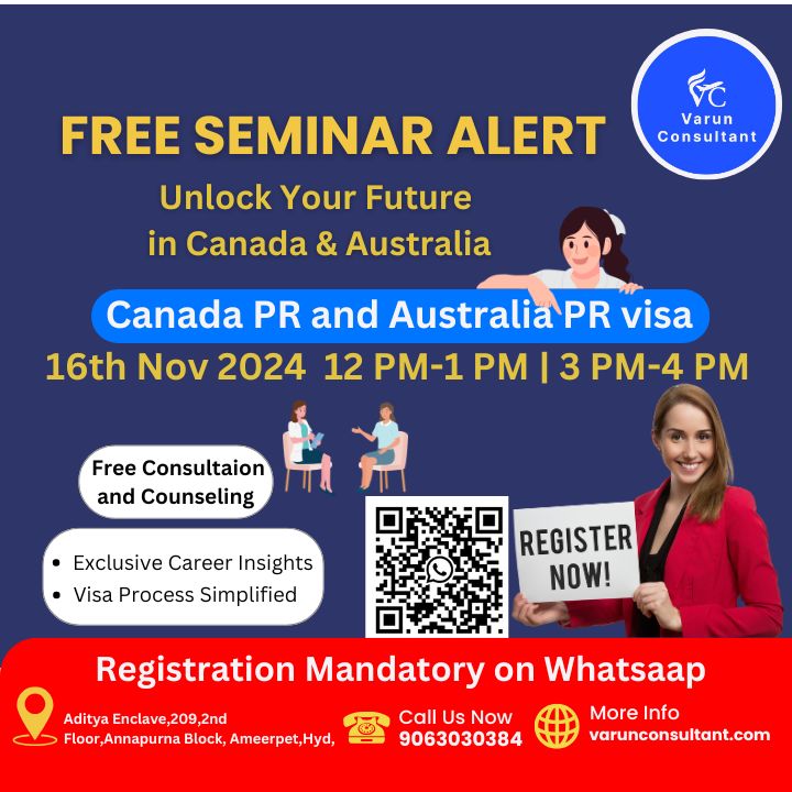 VarunConslt0502's tweet photo. 🌍 Free Seminar Alert! 🌏
Unlock Your Path to Canada &amp; Australia PR 🚀
🎟️ Join Our Exclusive Seminar on
📅 16th November 2024
🕛 12 PM - 1 PM &amp; 3 PM - 4 PM
This seminar is perfect for anyone looking to kickstart their journey to permanent residency in Canada or Australia. https://t.co/DdaYfNR0oY