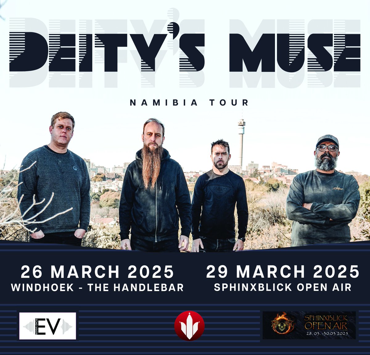 DeitysMuse's tweet photo. NAMIBIA! We're bringing our brand of South African alternative prog rock your way in March next year for 2 exclusive shows:

Wednesday, 26 March - The Handle Bar, Windhoek. With support from Echo Vision.

Saturday, 29 March - Sphinxblick Open Air - SOA Festival, Usakos. https://t.co/abwqWSvUzx