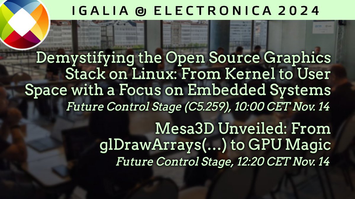 Igalia (@igalia) on Twitter photo Today our colleague <a href="/austriancoder/">Christian Gmeiner</a> will deliver two #Mesa3D talks at #electronicaFair 2024. Don't miss them! More info here electronica.de/application/en… and here electronica.de/application/en… Today our colleague <a href="/austriancoder/">Christian Gmeiner</a> will deliver two #Mesa3D talks at #electronicaFair 2024. Don't miss them! More info here electronica.de/application/en… and here electronica.de/application/en…
