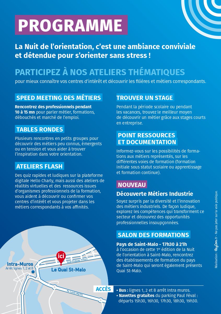 Nous serons présents à la Nuit de l’Orientation, organisée par la <a href="/facdesmetiers/">Faculté des Métiers</a> et la <a href="/CCI_35/">CCI Ille-et-Vilaine 🇫🇷🇪🇺</a> ! 🙌

RDV au Quai #StMalo pour échanger avec des professionnels et découvrir plus de 140 métiers le 21/11 !

📆 Jeudi 21/11
📍 Au quai #StMalo
🕠 De 17h30 à 21h

#job #recrutement