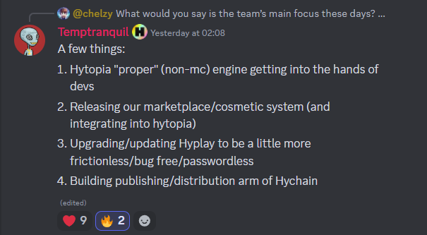 dan_spitzwieser's tweet photo. Massive HYCHAIN update by Co-Founder Temptranquil:

On their flagship game HYTOPIA, the team is now focusing on the Minecraft-independent version.

The team will hand out access to their Software Development Kit (SDK) in the coming weeks so that developers can start building fun games on the new voxel platform, which will be very intriguing to Minecraft creators and players.

Getting the $TOPIA marketplace for HYTOPIA ready is also a top priority for the team. We will be able to trade Avatars and cosmetic items as NFTs there.

Temptranquil also discussed how to attract more game developers to the Hychain ecosystem.

He thinks Hychain will succeed not because they have the best technology, but because they give developers what they want: money and players.

Hychain is working hard behind the scenes. I'm confident they can become one of the biggest gaming publishers. What do you think?