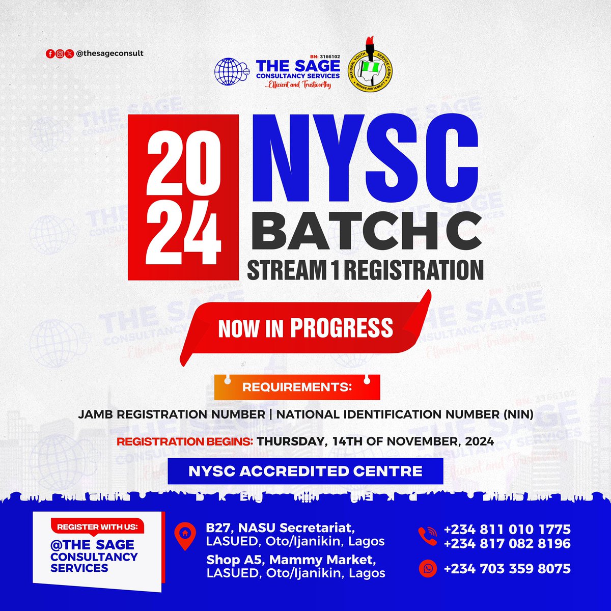 THESAGECONSULT's tweet photo. NYSC REGISTRATION FOR BATCH C STREAM I IS ONGOING!
We Are Located At:
B27, NASU SECRETARIAT, LASUED, OTO IJANIKIN LAGOS.
Call/ Whatsapp: +2347033598075 to communicate with us
#OYINBO
#THESAGECONSULTANCYSERVICES
#DISTANCEISNOTABARRIER https://t.co/4oOFCUB24C