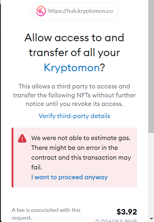 bmattlet's tweet photo. @soulsalwayson @KryptomonTeam Thanks a lot. 
When I look at the tutorial, fees are suggested while in my case, I get this warning. I believe I did all the work, but I don't want to send my mons to the void https://t.co/uBuPlKqQaz