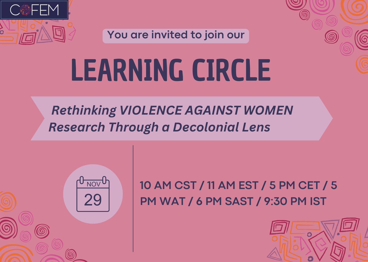 Are you interested in exploring decolonising research?
Join a community of feminists and researchers as we share experiences &amp; insights to create a knowledge product on practical approaches for decolonizing VAW research.
🗓️29 Nov ⏲️10am CST
Register here: us02web.zoom.us/meeting/regist…