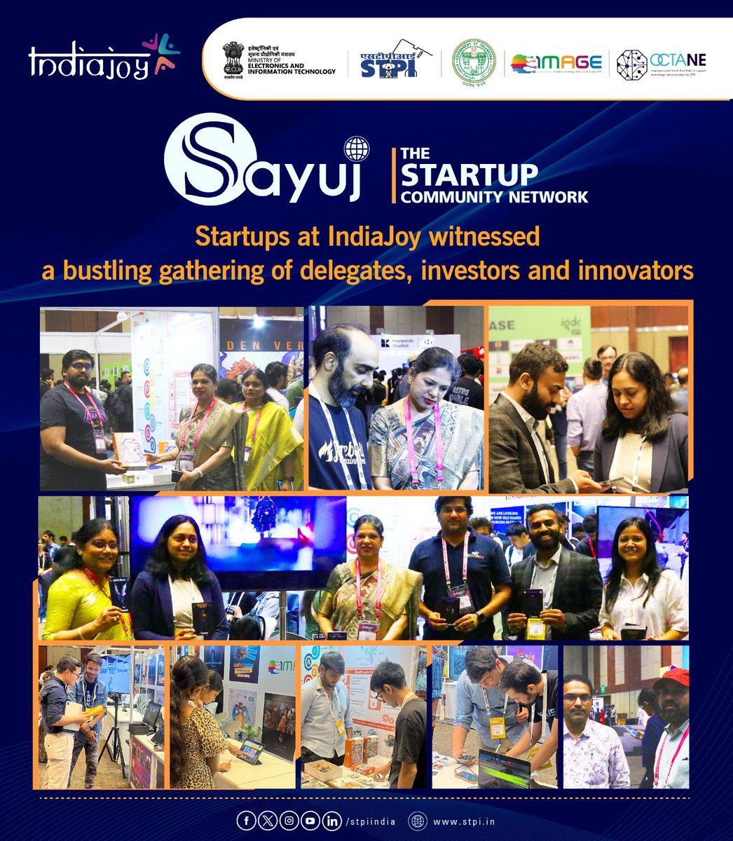 stpiindia's tweet photo. 🌟 Electrifying Atmosphere at IndiaJoy, Hyderabad! 🌟

At the STPI SAYUJ Community Startup Pavilion, HICC Novotel Hyderabad, a lively crowd of delegates, investors and wealth managers gathered, drawn to the pioneering solutions and breakthrough innovations showcased by SAYUJ Community startups. 🚀✨

STPI officials connected with investors and attendees, providing insights into India’s unique startup community network, “SAYUJ,” and highlighted STPI's impactful initiatives aimed at empowering and accelerating the growth of startups.

#VFX 🎬 #Animation 🎨 #Comics 📚 #Gaming 🎮 #IndiaJoy2k24 🎉 #Innovation 💡 #DigitalEntertainment 📱