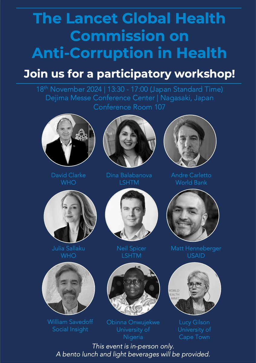 Sarah Steingrüber (@sarahsteino) on Twitter photo You don't wanna miss this exciting event at the
@H_S_GlobalSymposium in Japan!
<a href="/WHO/">World Health Organization (WHO)</a> & <a href="/LSHTM/">London School of Hygiene & Tropical Medicine</a> will showcase a forthcoming <a href="/LancetGH/">The Lancet Global Health</a> Commission on #Anticorruption in #Health. Check out the attached flyer for more info and to see our exciting line up of speakers!
<a href="/GNACTA4Health/">GNACTA</a> You don't wanna miss this exciting event at the
@H_S_GlobalSymposium in Japan!
<a href="/WHO/">World Health Organization (WHO)</a> & <a href="/LSHTM/">London School of Hygiene & Tropical Medicine</a> will showcase a forthcoming <a href="/LancetGH/">The Lancet Global Health</a> Commission on #Anticorruption in #Health. Check out the attached flyer for more info and to see our exciting line up of speakers!
<a href="/GNACTA4Health/">GNACTA</a>