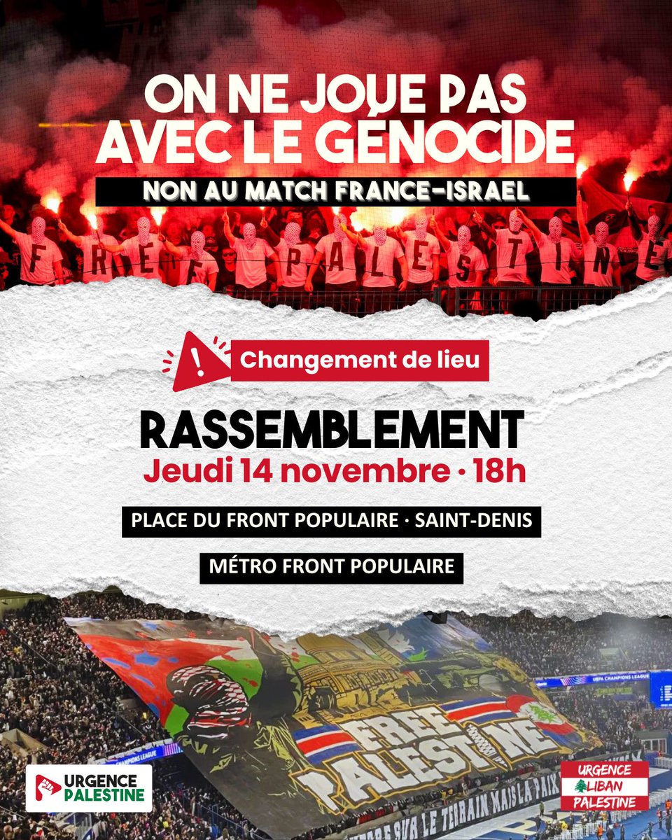 ⚠️Attention, changement de lieu ! Rdv à 18h, place du Front populaire, à Saint-Denis, Métro Front Populaire

#onnejouepasaveclegenocide