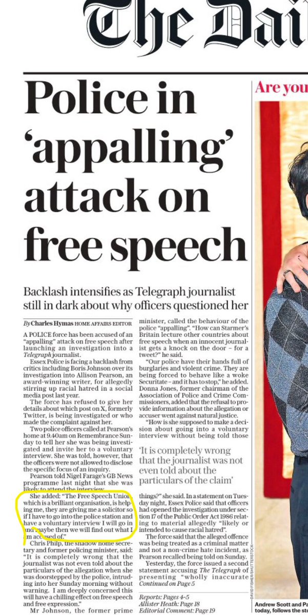 "The FSU, which is a brilliant organisation, is helping me, they are giving me a solicitor so if I have to go into the police station and have a voluntary interview I will go in and maybe then we will find out what I'm accused of." Great to see this quote from Allison Pearson on