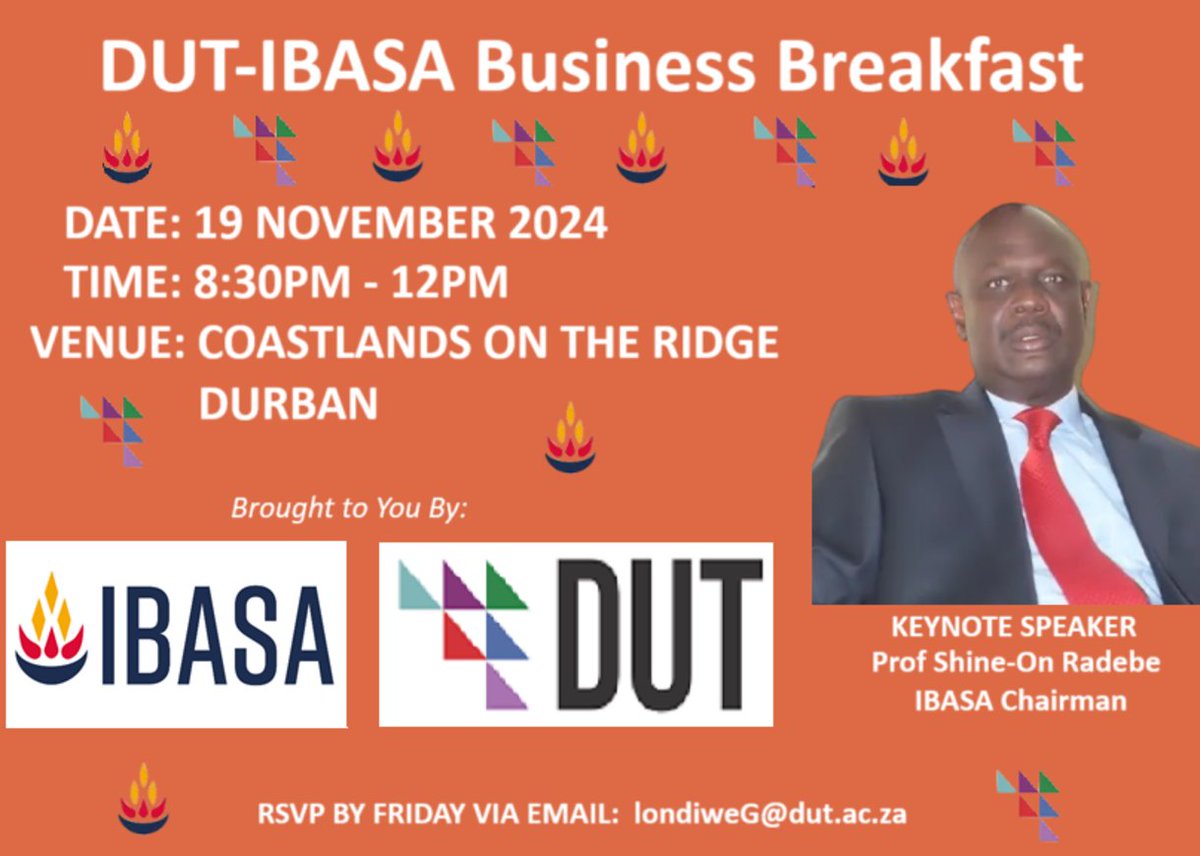 IBASA is inviting KZN-based members to the Business Breakfast which will be co-hosted by Durban University of Technology (DUT) and the Institute of Business Advisors Southern Africa (IBASA),there will be an MOU signing ceremony that will foster collaboration between DUT and IBASA