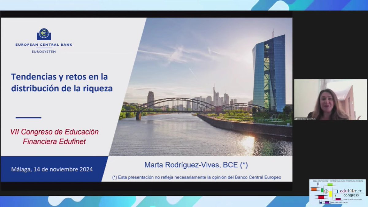 Comenzamos este segundo día con una ponencia a cargo de Marta Rodríguez del <a href="/ecb/">European Central Bank</a> que nos habla sobre "Tendencias y retos en la distribución de la riqueza". #VIICongreso <a href="/edufinet/">Edufinet</a> #EducaciónFinanciera #FinancialLiteracy