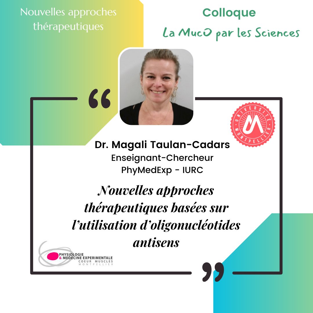 abc_muco's tweet photo. J-8 , nous clotûrerons la session 'Nouvelles approches thérapeutiques ' avec M. Taulan-Cadars. Une belle conférence pour tout savoir sur l'utilisation des oligonucleotides antisens.

#mucoviscidose #universitedemontpellier #phymedexpteam
#cnrs #inserm #universitedetoulouse https://t.co/Wi3illkF0T