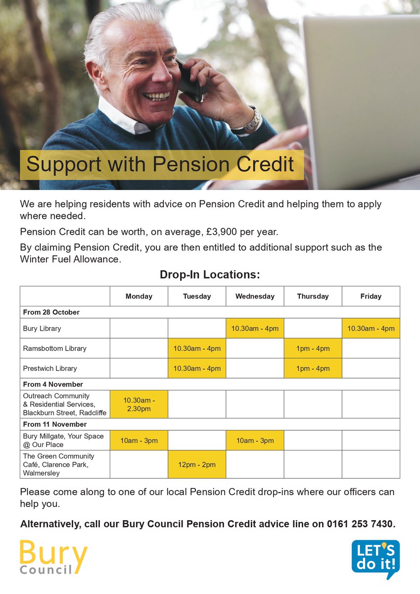 older_team's tweet image. Pension Credit Drop Ins today! 🙌

⏰ 1 - 4pm
📌 Ramsbottom Library &amp;amp; Prestwich Library

Could you be entitled to pension credit? Visit one of the pension credit drop in’s for further help and support.

#PensionCredit #Winterfuelallowance

@BuryCouncil 
@BuryDirectory