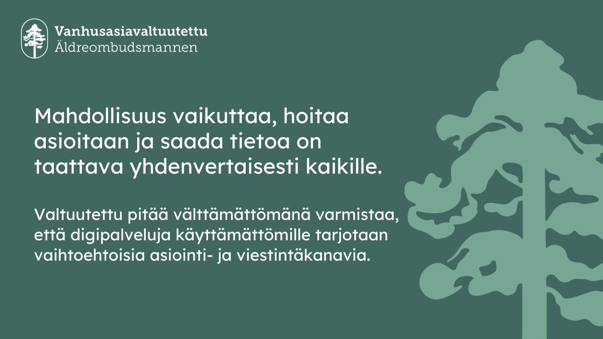 Lainsäädäntöä ehdotetaan muutettavaksi siten, että digitaalisesta viestinnästä tulisi ensisijainen viranomaisviestinnän kanava. Vanhusasiavaltuutettu on lausunut aiheeseen liittyen. Lue lausunto: vanhusasia.fi/-/lausuntopyyn… 1/4