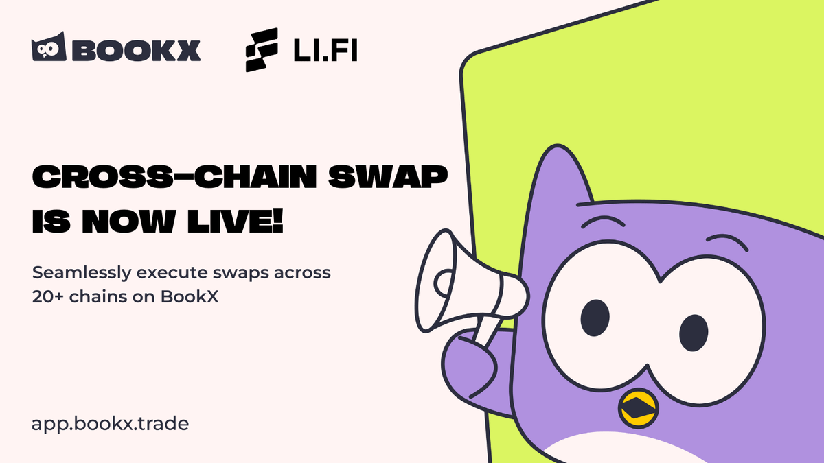 BookX_Trade's tweet photo. Cross-chain Swap on BookX UI is powered by @lifiprotocol 🪄

We're excited to work together on delivering the most seamless and fastest cross-chain swaps across 20+ chains⚡

You can now easily top up your wallets with $USDC from all supported chains using our in-app Swap feature. 🦉

Try it out now! https://t.co/1H4SVMvRQa