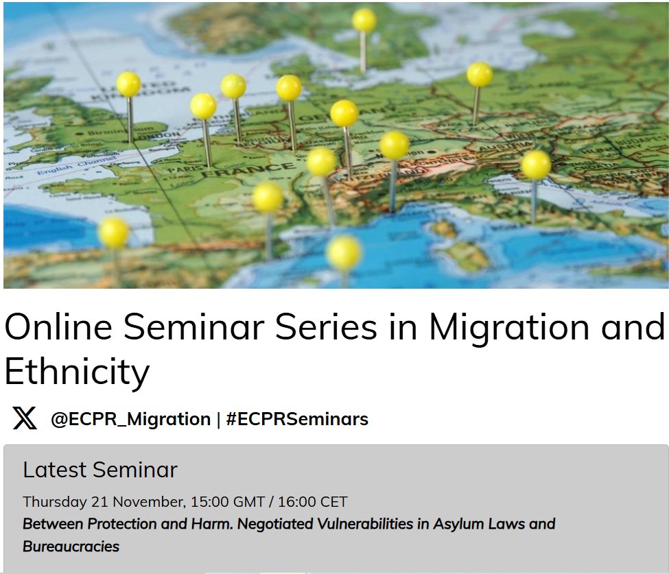 ECPR SG Migration & Ethnicity (@ecpr_migration) on Twitter photo Save the date for our next <a href="/ECPR_Migration/">ECPR SG Migration & Ethnicity</a> webinar on 'Negotiated #Vulnerabilities in Asylum #Laws and #Bureaucracies' w/ Hilde Lidén <a href="/samfunnsforsk/">Institutt for samfunnsforskning</a>, <a href="/MariaMaalouf7/">Maria Maalouf</a>, <a href="/deniseventuri_/">Denise Venturi</a> & <a href="/LucLeboeuf1/">Luc Leboeuf</a> !
🗓️ 21 November, 16:00 CET
More info & how to join: ecpr.eu/Events/318 Save the date for our next <a href="/ECPR_Migration/">ECPR SG Migration & Ethnicity</a> webinar on 'Negotiated #Vulnerabilities in Asylum #Laws and #Bureaucracies' w/ Hilde Lidén <a href="/samfunnsforsk/">Institutt for samfunnsforskning</a>, <a href="/MariaMaalouf7/">Maria Maalouf</a>, <a href="/deniseventuri_/">Denise Venturi</a> & <a href="/LucLeboeuf1/">Luc Leboeuf</a> !
🗓️ 21 November, 16:00 CET
More info & how to join: ecpr.eu/Events/318