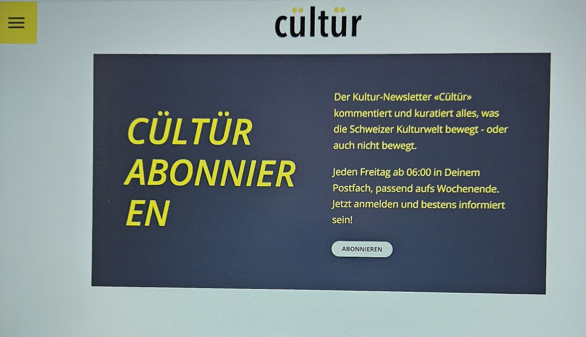UlrichEGut's tweet photo. CÜLTÜR 
Das neue Online-Medium für den Kulturraum Schweiz.
Am Freitag, 15. November, erscheint die zweite Ausgabe des Newsletters «cültür».

Sowohl die Homepage https://t.co/3mMa3QXABG als auch der Newsletter wurden seit der Erstausgabe weiterentwickelt. 

Auf die Erstausgabe hin erhielten wir ermutigende und anregende Rückmeldungen. Starke Zustimmung findet, dass wir auf Kulturberichte und Kulturkritiken von Spezial- und Regionalmedien, die landesweite Beachtung verdienen, hinweisen, sie verlinken und damit ihre Reichweite vergrössern. Auch der Leitartikel, der Bericht aus der Westschweiz, die weiteren Beiträge und die Agenda-Rubrik «Einschreiben!» wurden gut aufgenommen. 

À propos Sprach- und Kulturregionen: In der zweiten Ausgabe kommt ein Bericht aus der italienischsprachigen Schweiz.

Hinweise auf Veranstaltungen, Neuerscheinungen oder andere kulturelle Ereignisse sind willkommen bei: info@ch-intercultur.ch.

Herausgeber: ch-intercultur, Verein für Kulturkritik
Ulrich Gut, Präsident