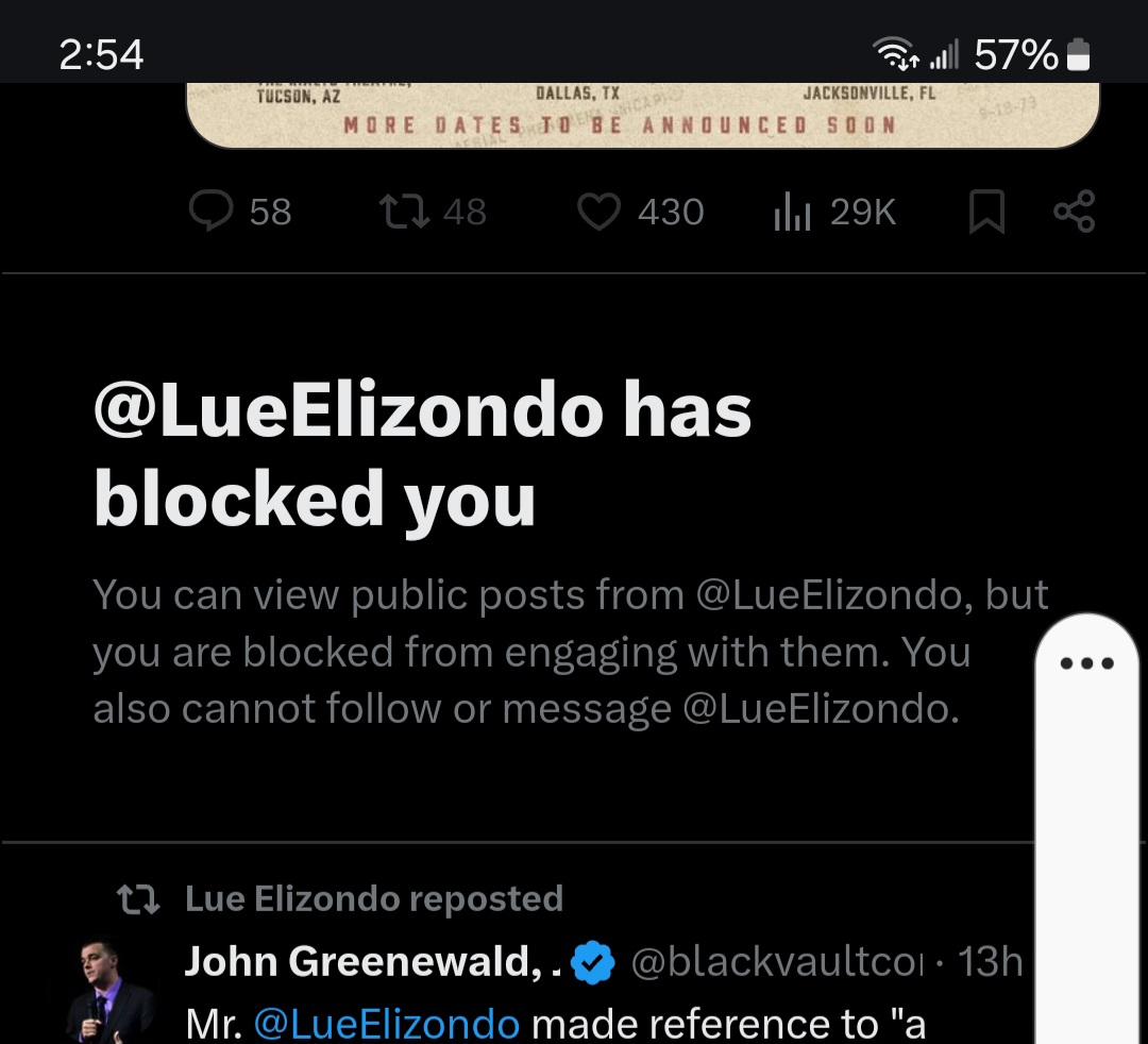Cemeterian4ever's tweet photo. @theblackvault @LueElizondo Elizondo is a fraud, but he can't handle being called one. He's just trying to dupe you all. Call him out on his BS, and he will block you like the coward he is. He's a liar. He has no information on whether UAP's are real, any more than I have information on whether God is real. https://t.co/CqQ9TZPdW9